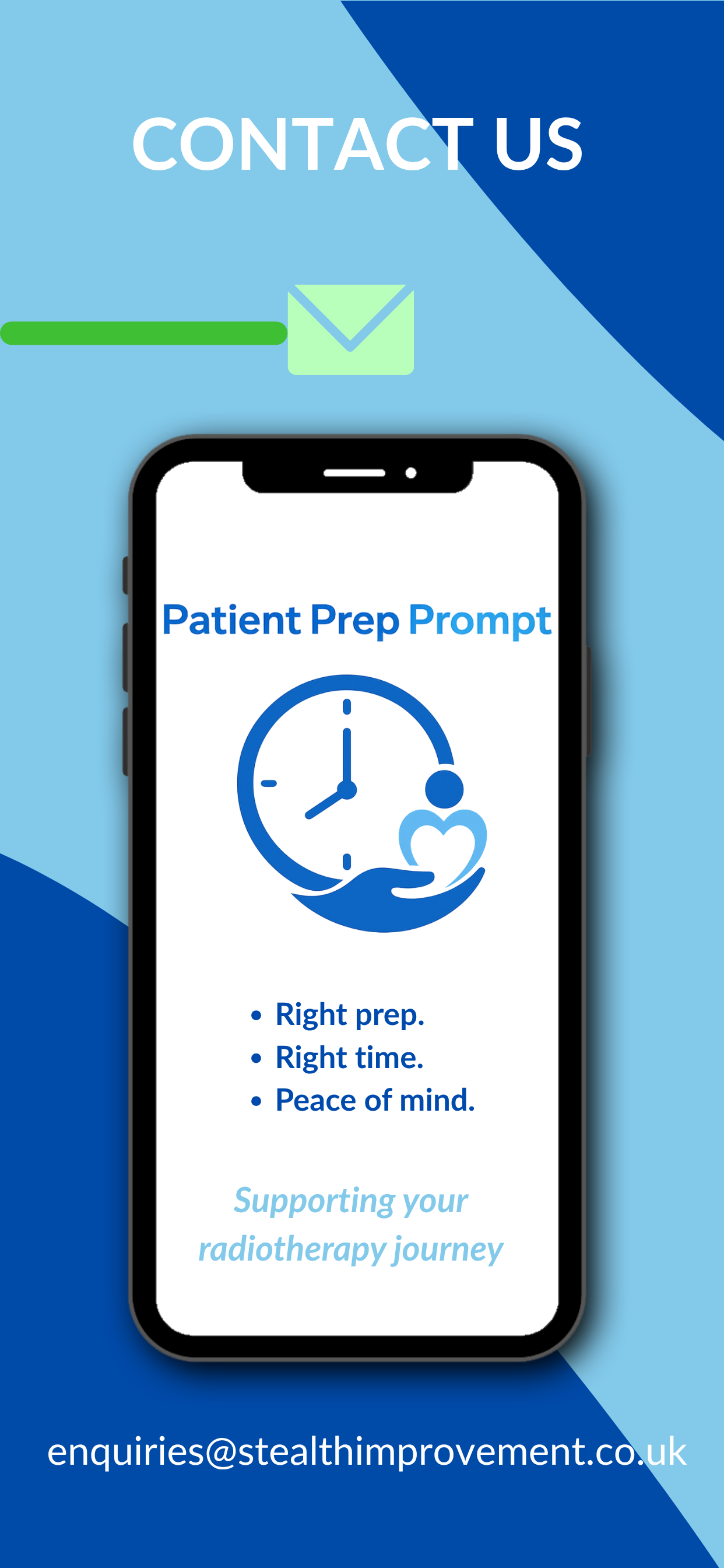 Patient Prep Prompt app overview showing right prep, right time, peace of mind